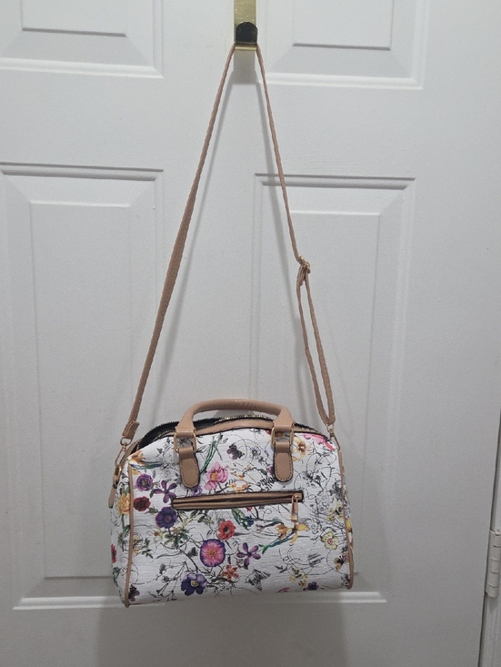 None Handbags - Floral Print Crossbody Satchel - White/Pink Floral with Beige Trim